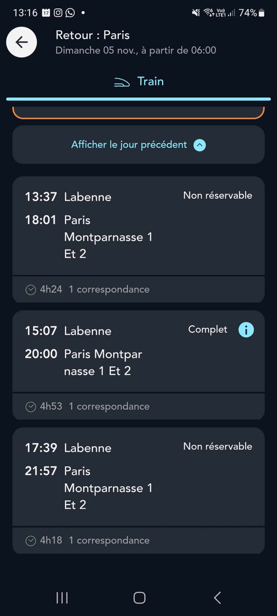 MaudVives's tweet photo. @SNCFConnect  Bonjour, comment se fait-il que les trains de début novembre de Labenne vers Paris sont marqués non reservables? Merci https://t.co/kE8zXrgC7R