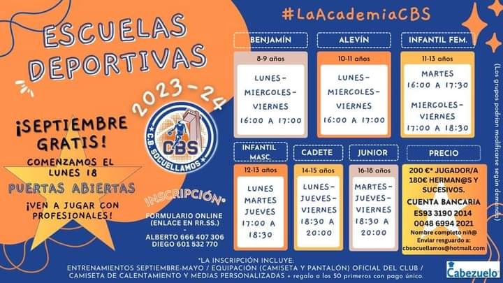 cbsocuellamos's tweet photo. El lunes 18 comienzan las escuelas deportivas de La Academia CBS
Durante el mes de septiembre tendremos jornadas de puertas abiertas.
@SomosGlobalcaja
@CabezueloFoods
@bodegascrisve
#GlobalcajaConElDeporte https://t.co/l8YNSnCTVM