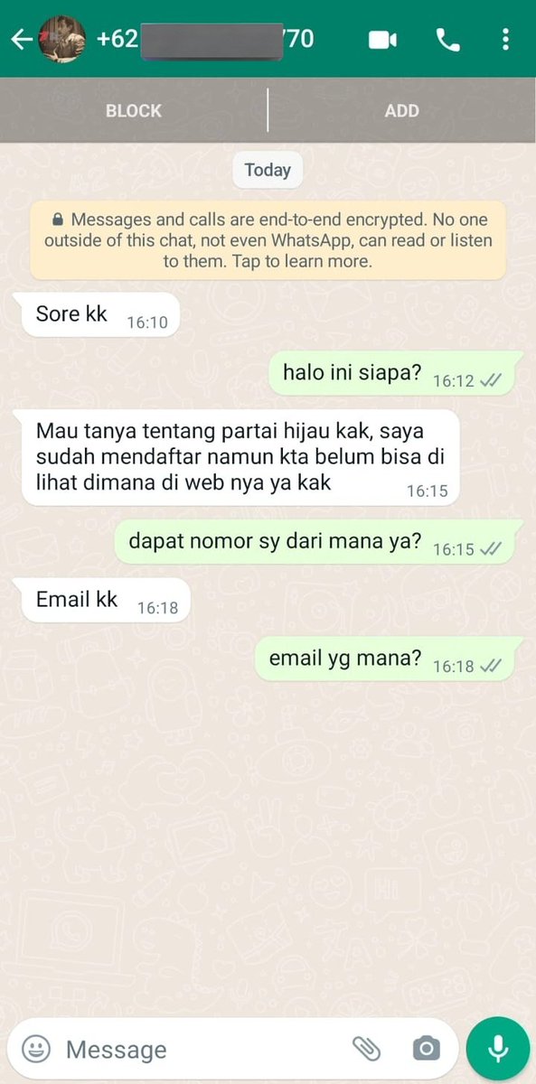 partai_hijau's tweet photo. INI BENERAN

Kami, partai yang bahkan belum ikut pemilu 2024, sempet mau diselundupin intel

Agustus 2022 lalu, anggota kami ada yang tiba2 di-chat orang yang mau "gabung" partai. Pas dicek nomornya di Getcontact, ternyata dia anggota ormas yg indikasi afiliasi BIN https://t.co/hyHglGTxj3