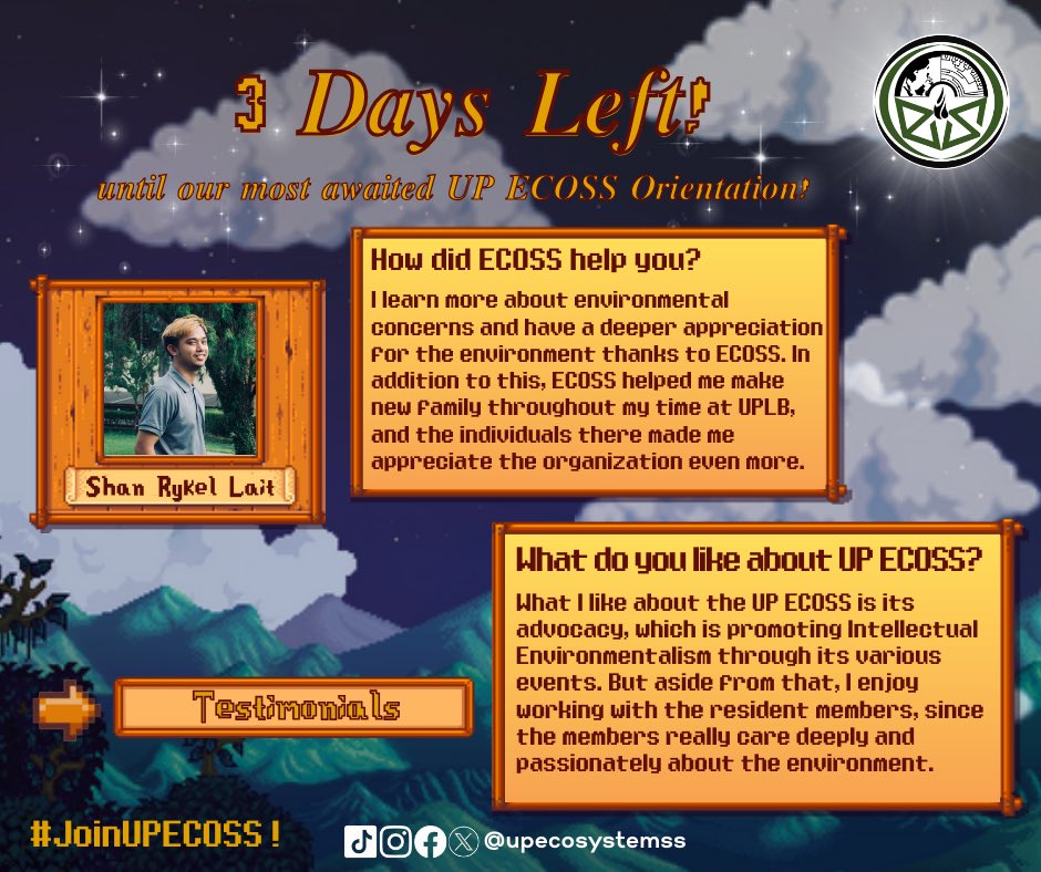 upecosystemss's tweet photo. 🌟only 3 DAYS LEFT, villagers, until our most awaited UP ECOSS Orientation! Are you excited? 🌟

But before we embark on this thrilling journey, let's pause for a moment and immerse ourselves in the heartfelt words of our beloved resident member, Shan, the Chapiter of Membership. https://t.co/0IPQzHhPqF
