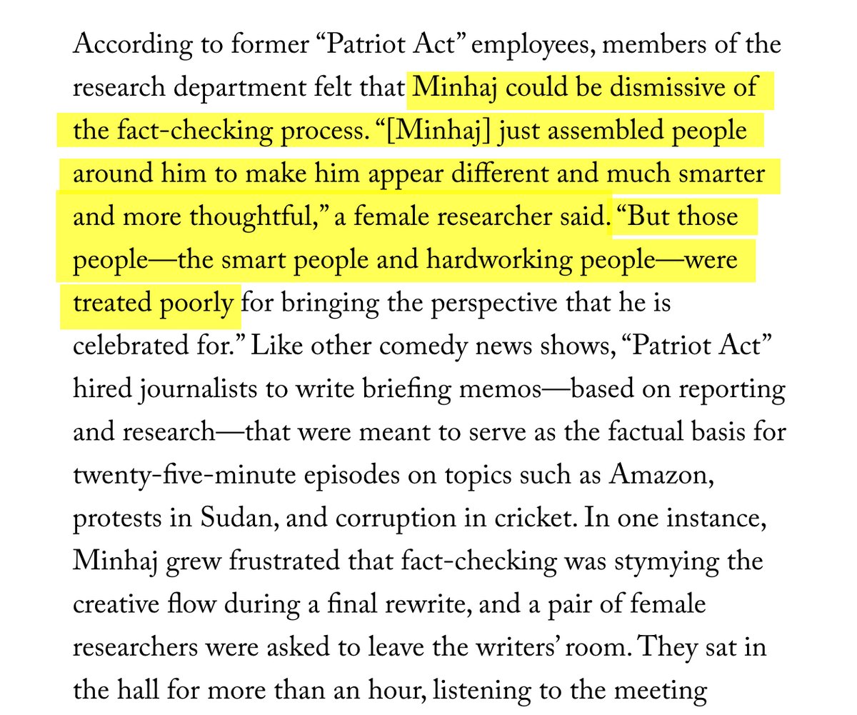 @notcapnamerica From The New Yorker piece on #HasanMinhaj, his 'emotional truth' and his factual lies.

–––

Hasan Minhaj just assembled people around him to make him appear different and much smarter and more thoughtful,' a female researcher said. 'But those people- the smart people and