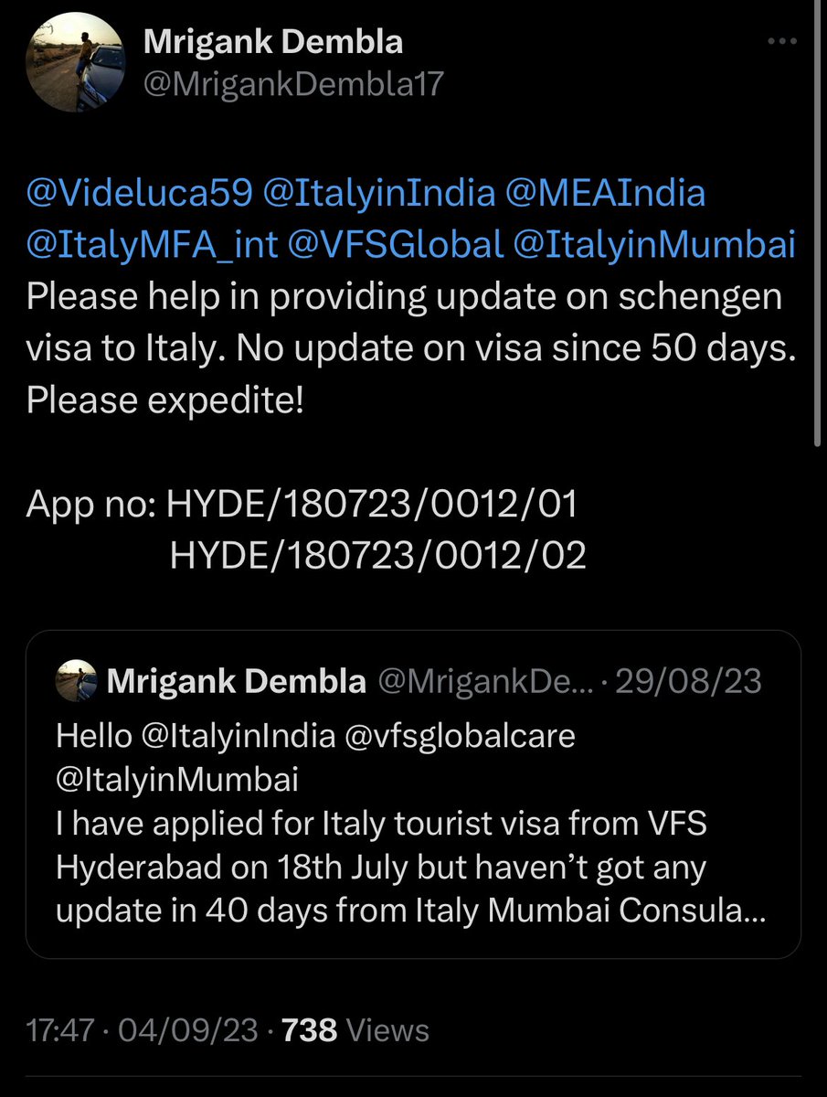 <a href="/GiorgiaMeloni/">Giorgia Meloni</a> <a href="/narendramodi/">Narendra Modi</a> Dear PM,
A lot of us are waiting for our passports and visa from <a href="/ItalyinMumbai/">Italy in Mumbai</a> since more than 60days now! There is no update from the consulate and its causing lot of financial n emotional stress about our travel plan! Please help in this regard!
<a href="/Nehanotknown/">Nehanotknown</a> @AnirudhNay1110