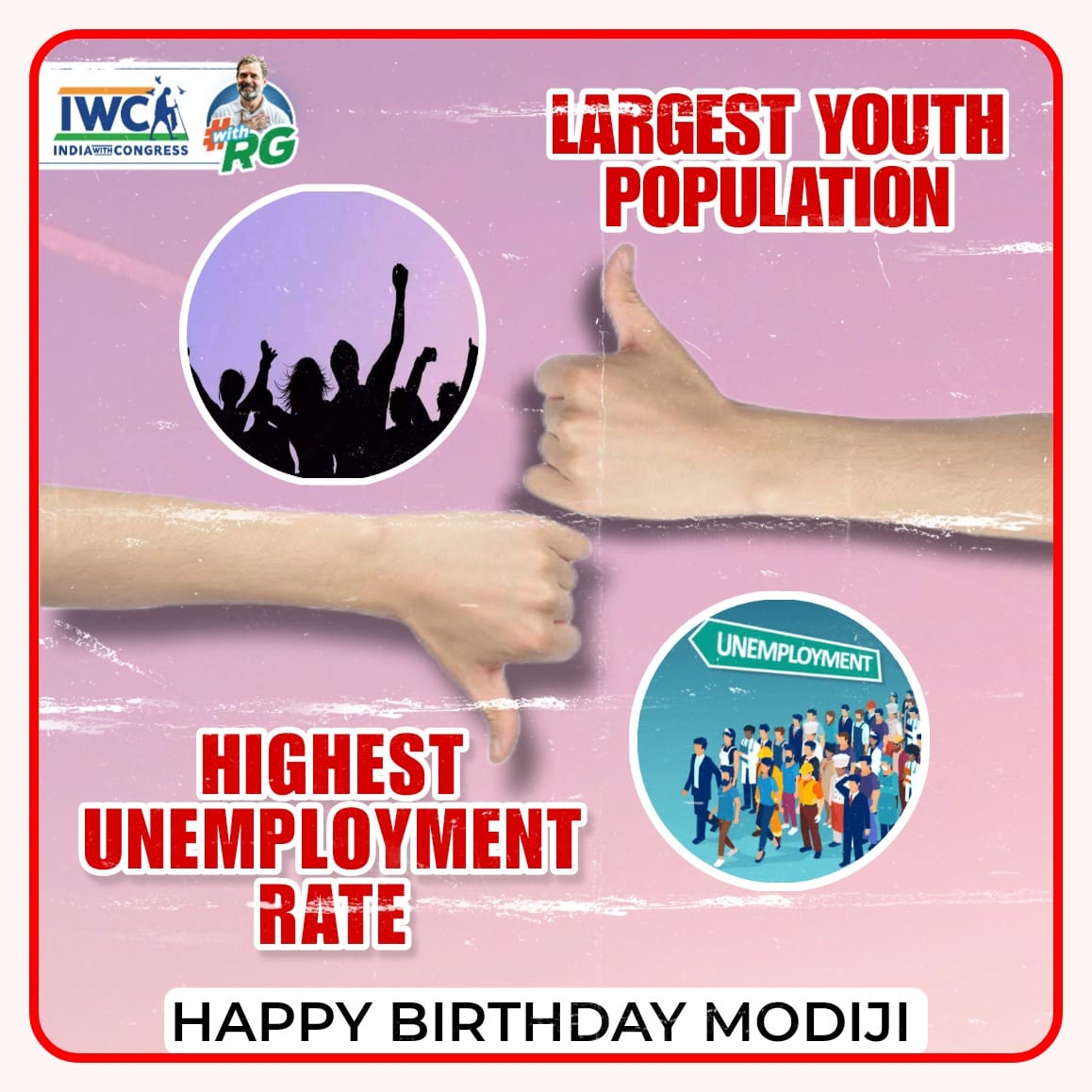 pitchaijohn1961's tweet photo. #BerozgariDiwas
Few get richer, while millions of skilled Indians hunt for peon-level jobs! This is NOT the New India or Bharat we were promised! Modiji, your day is an occasion of celebrating a sorrow that has engulfed India since 2014.

While we wish PM Modi a happy birthday, let's demand REAL action on India's skyrocketing unemployment rates! 📈

Let's hope PM Modi understands what the youth is suffering from in the last year of his 10 years of misrule.

Promised millions of jobs, delivered a soaring 8.3% unemployment rate. 
Is this the vision of the new India that you had in mind?
Is this what we celebrate today, Modiji? Reflecting on .

On 17  September every year, Modiji and his yes men in the party and media celebrate PM's birthday without any guilt or shame.

Urban unemployment at 9.6%. It's a crisis, not a cause for celebration. Remembering the unemployed on your happy day, Modiji. 

PM Modiji has so many things to say. He does Mann ki Baat to express his feelings. He gives teleprompter powered speeches, but when it comes to press conferences, there is radio silence.

What will the government talk about?
Soaring high unemployment?
Inflation?

Unemployment affects families and futures. How can we celebrate when our country's future is at risk?
#BerozgariDiwas