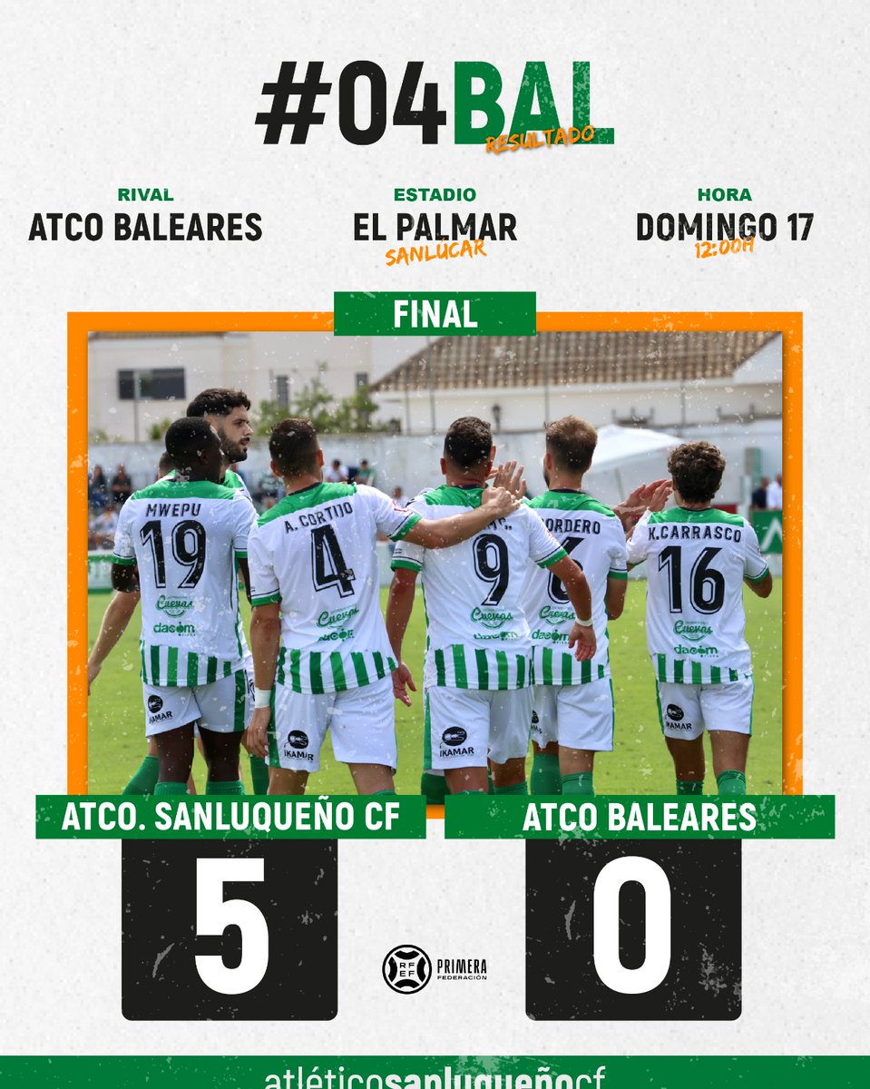 atcosanluqueno's tweet photo. ⚽️⏹️ FINAL / 5-0

Gran victoria del Atlético Sanluqueño en casa con goles de Álex Guti, Airam Cabrera y hattrick de Paquito Mwepu.

¡¡Partidazo!! 👏🏼💚🤍

#AtléticoSanluqueñoATB https://t.co/US0EuIcUHI