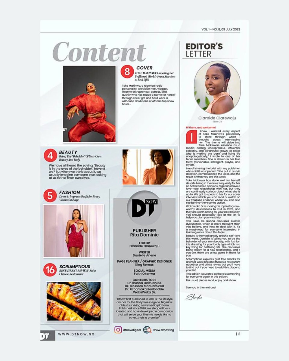 DTNOWdigital's tweet photo. "Unveiling Toke Makinwa. @tokstarr : The Face of Determination and Success on DTNOW Magazine
Step into the dazzling world of Toke Makinwa, Africa's ultimate showstopper!
To read, click the link in bio.
Publisher: @ritaUdominic
Editor: @elemdeeo
#tokemakinwa #CoverInterview https://t.co/usQKSXNA4i