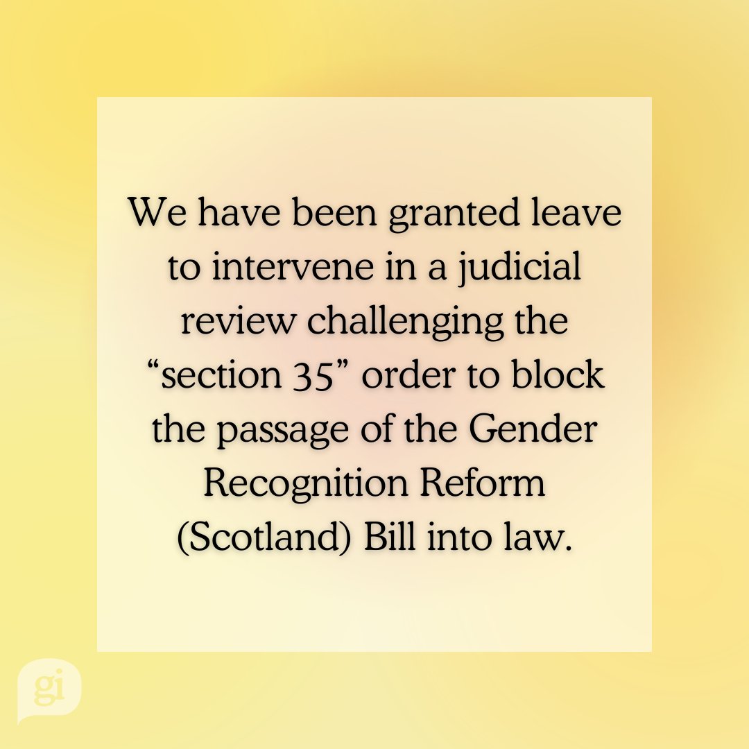 Genderintell's tweet image. In January the UK government used a Section 35 order to block GRA reforms in Scotland

We've been granted permission to intervene in a judicial review challenging this order alongside colleagues at @stonewalluk, the ICDR, and the Scottish government

More: ow.ly/mWRV50PBsOt
