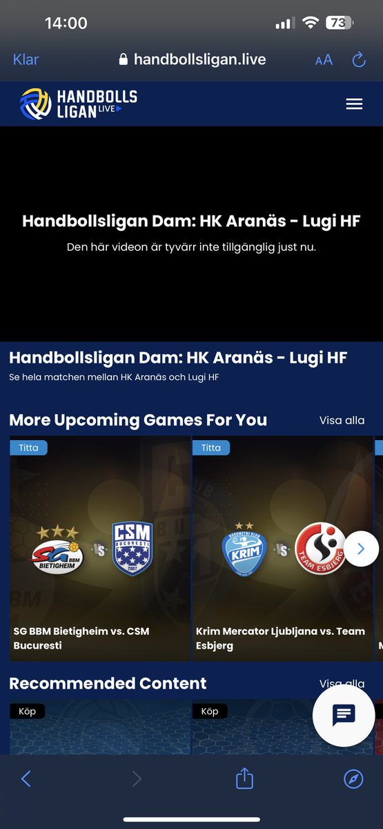 Heja heja <a href="/HBL_dam/">Handbollsligan dam</a> , vad lätt det är att se matcher på er jävla app.. suck