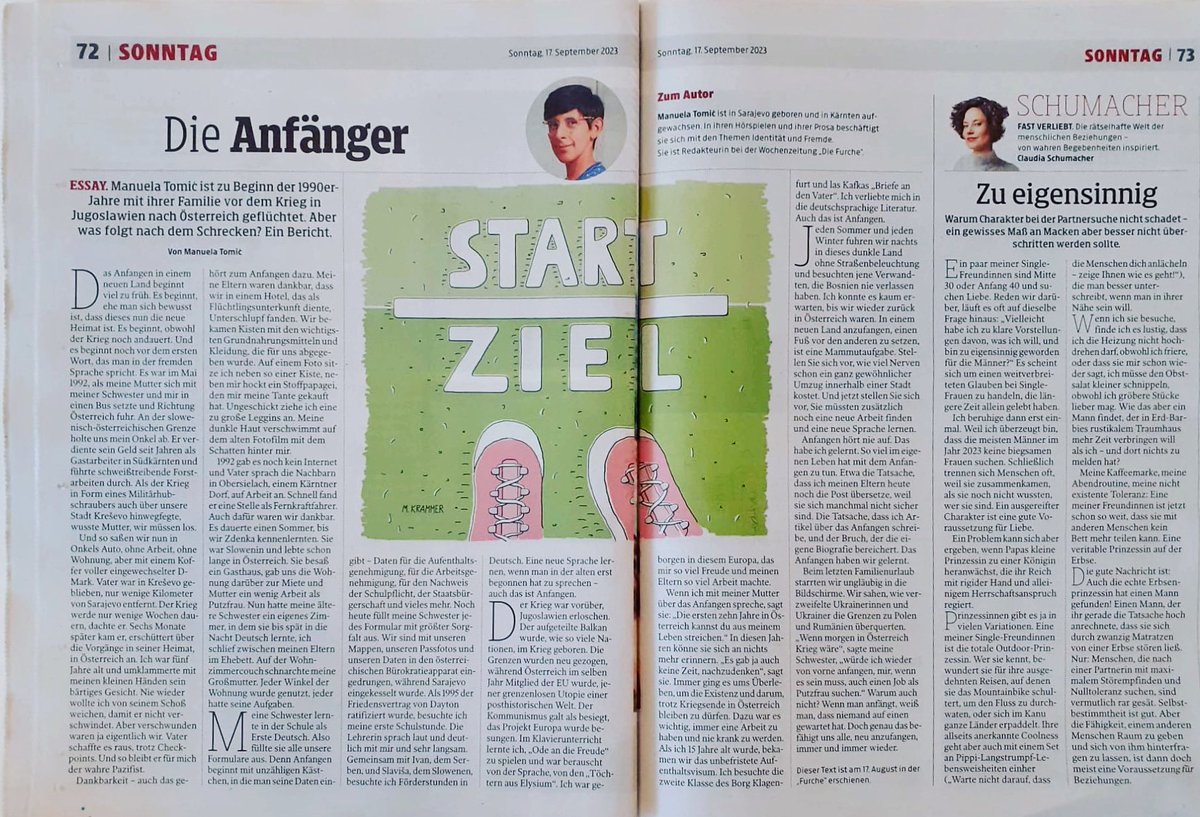 Manuela Tomic (@tomic_manuela_) on Twitter photo Heute ist mein Essay „Die Anfänger“, das am 17. August in der <a href="/diefurche/">Die Furche</a> erschienen ist, nun auch in der Schwesterzeitung <a href="/kleinezeitung/">Kleine Zeitung</a> erschienen. Es geht um das Anfangen in einem neuen Land. Große Freude!
furche.at/gesellschaft/k… Heute ist mein Essay „Die Anfänger“, das am 17. August in der <a href="/diefurche/">Die Furche</a> erschienen ist, nun auch in der Schwesterzeitung <a href="/kleinezeitung/">Kleine Zeitung</a> erschienen. Es geht um das Anfangen in einem neuen Land. Große Freude!
furche.at/gesellschaft/k…