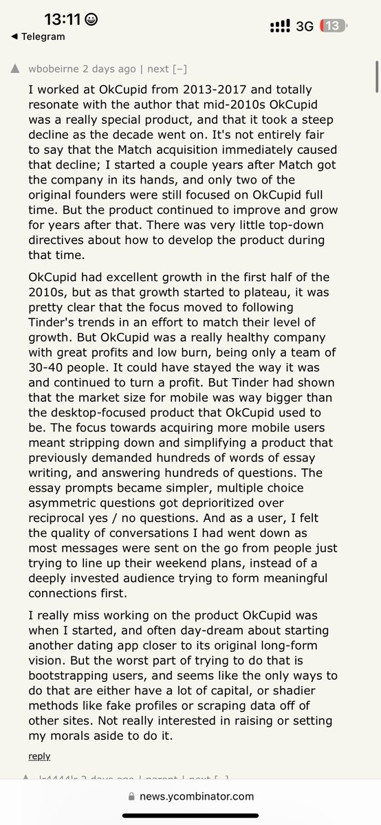 One of the best HN articles and threads this week IMHO “The tyranny of the marginal user” Or how startups either die OR grow by diluting the product to work for the most average user Which happened to OK Cupid for example which was an amazingly in-depth dating app, allowing…
