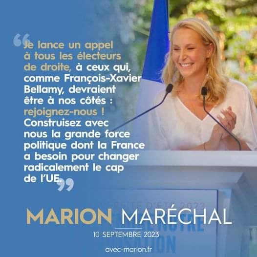 Bonjour 🤗

Aux élections #Européennes en #Juin2024 soyons tous avec #MarionMarechal 

#Reconquete #MarionMarechal #ViveLaFrance 🇨🇵🇨🇵