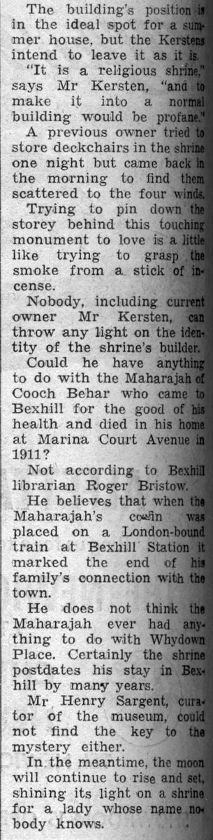 AnnieBrassey's tweet photo. "Mystery of Whydown's secret shrine...In the meantime the moon will continue to rise and set, shining its light on a shrine for a lady whose name nobody knows." @BexhillObs 28.7.1979. #FolkloreSunday #Whydown #Bexhill #Sussex #Mystery #Moon #Shrine #History #1970s https://t.co/GFaeJEmBgp