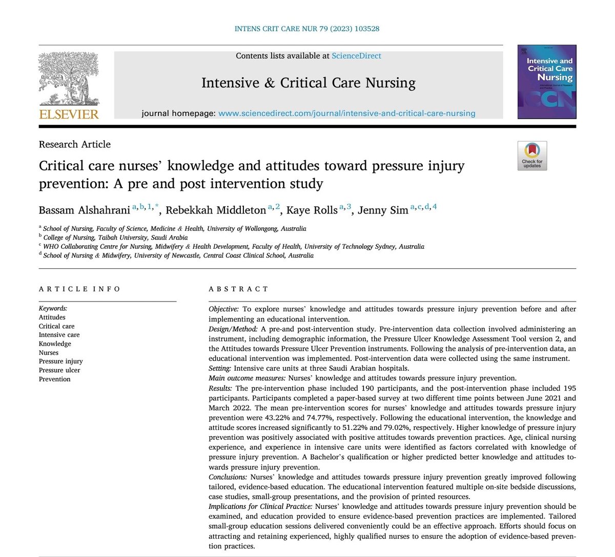 Thrilled to see our new publication in the <a href="/ICCNursJournal/">Intensive and Critical Care Nursing</a>. The study's findings underline the power of tailored education in enhancing pressure injury prevention practices in critical care units. 
Thank you team <a href="/jennysim_1/">Professor Jenny Sim (also on BlueSky)</a>
<a href="/bekkmiddle/">Dr Bekk Middleton</a>
<a href="/kaye_rolls/">Dr Kaye Rolls</a>

sciencedirect.com/science/articl…
