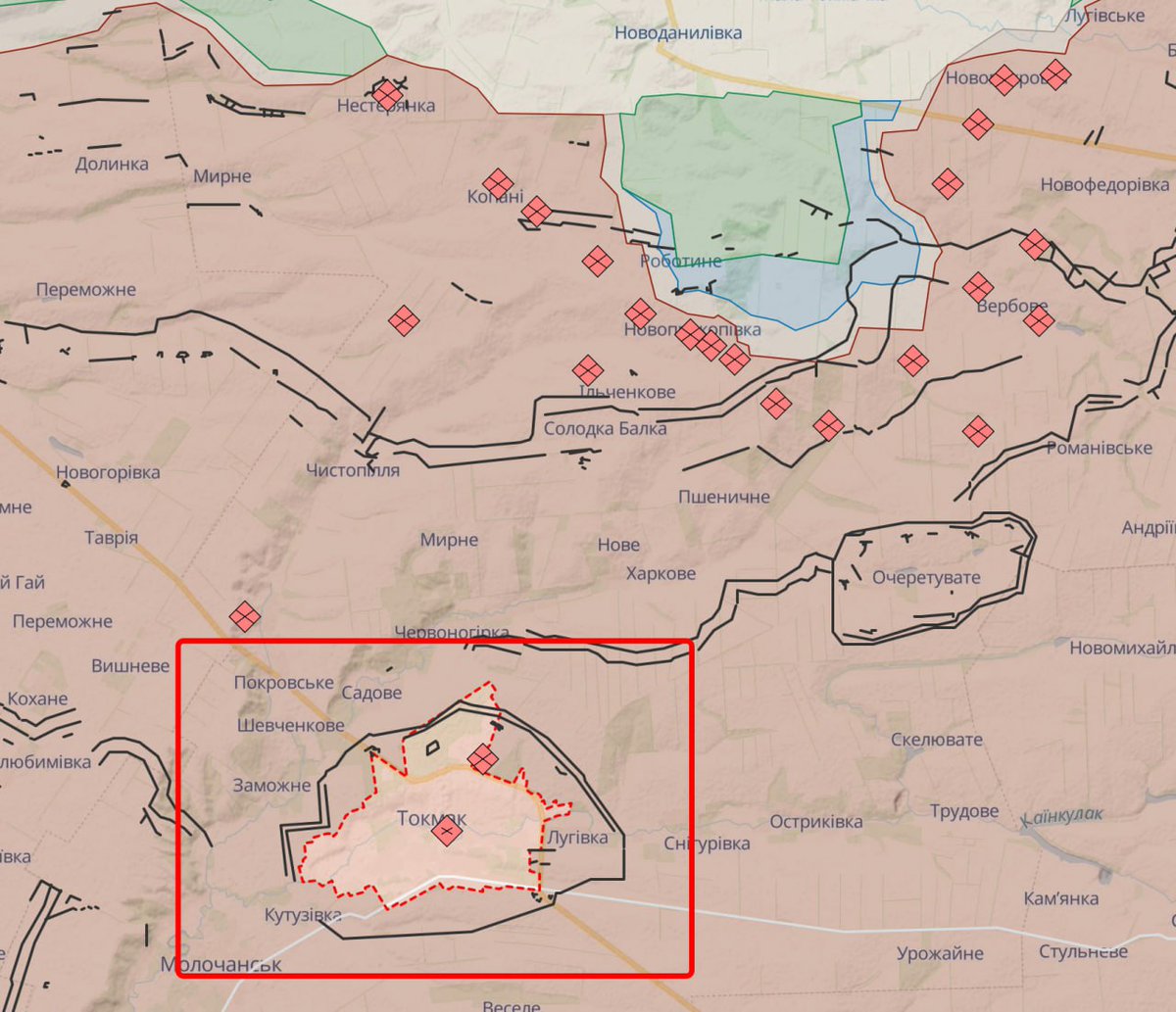 Russia is strengthening its defensive positions around occupied #Tokmak. 
'Tokmak is preparing to become a lynchpin of Russian's second main line of defences', the UK’s Defense Intelligence reported.