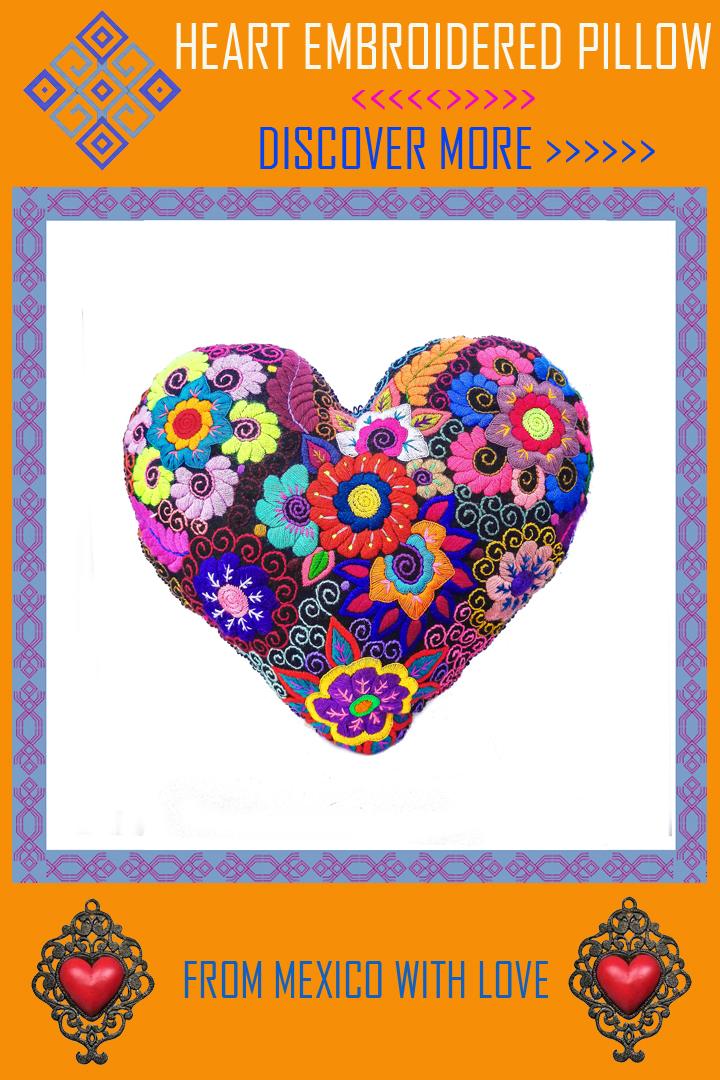 Hand embroidered heart pillow. For more, please visit our store  - marketsantodomingomx.myshopify.com
#heartpillow #embroideredpillow #decorativepillow #mexicanpillow
#hippiepillow #bohopillow #artesanalpillow #handcraftpillow #mexicancraft #mexicanfolkart