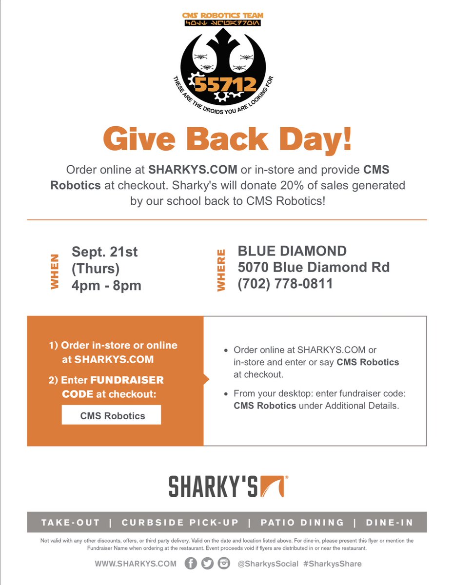 Canarelli MS (@canarellims) on Twitter photo Join us this Thursday at Sharky’s Modern Mexican Kitchen to support our robotics team! Show this flyer when ordering and our team gets 20% of the proceeds! See you there! <a href="/cmsroboticsteam/">CMS Robotics Team</a> Join us this Thursday at Sharky’s Modern Mexican Kitchen to support our robotics team! Show this flyer when ordering and our team gets 20% of the proceeds! See you there! <a href="/cmsroboticsteam/">CMS Robotics Team</a>