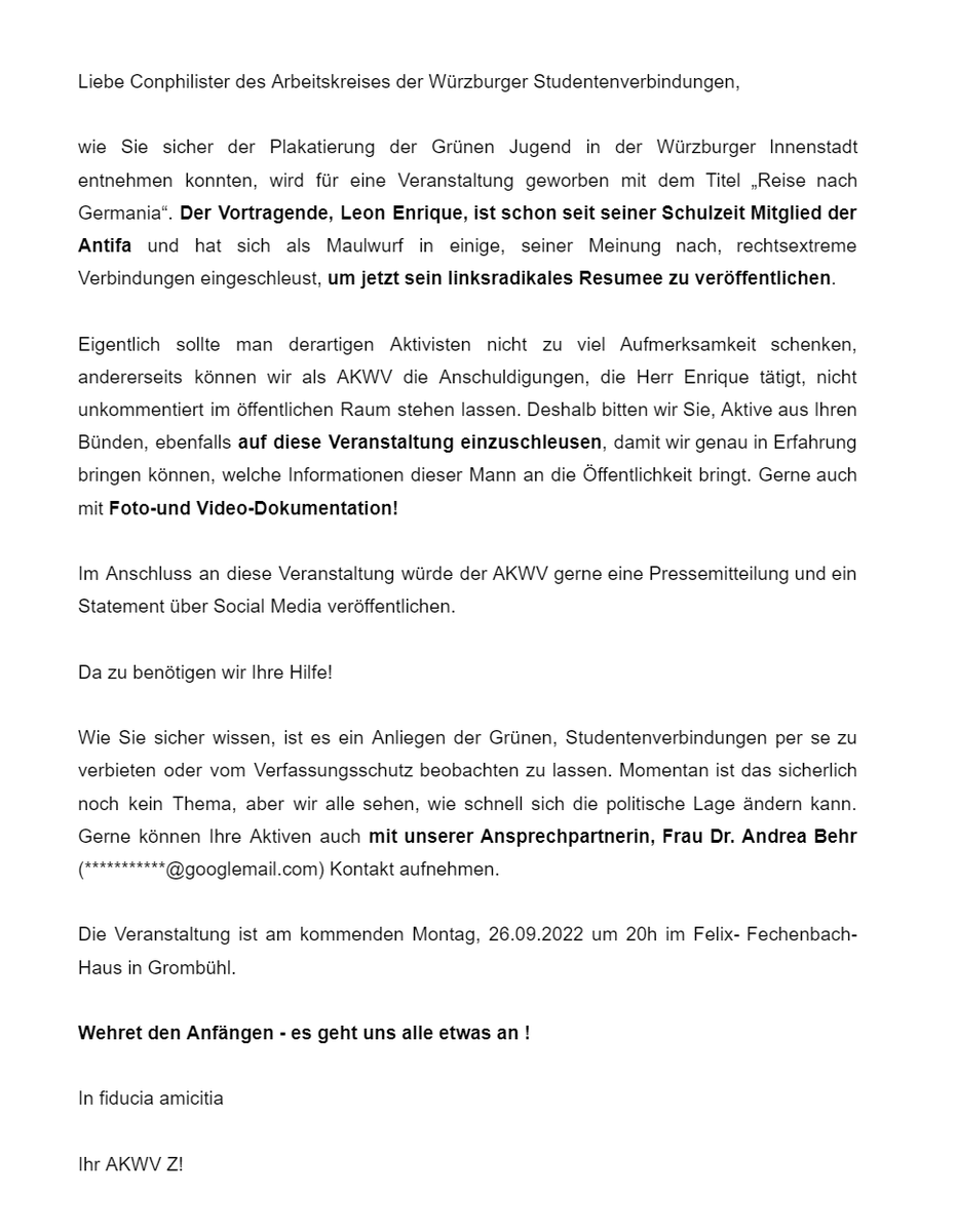 le0nenrique's tweet photo. Frau Dr. Andrea Behr, Würzburger CSU- Direktkandidatin, ist auch mutmaßlich an diesem kruden Schreiben über mich vom "Arbeitskreis Würzburger Verbindungen" beteiligt und als Ansprechpartnerin aufgeführt. Sie ist Mitglied der ADV Salia. Auf meine Anfrage hat sie nicht reagiert. https://t.co/uwtzpGoCaI