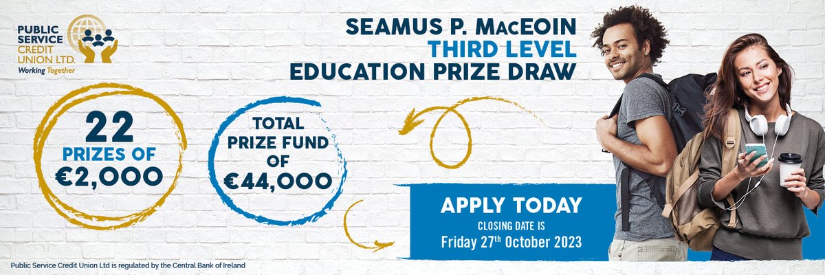 pscu_ie's tweet photo. PSCU Third Level Education Prize Draw is now open π¨βπ
Entry forms are available on PSCU website
https://t.co/uDGAaJEwos
With a total prize fund of β¬44,000 - thats β¬2,000 for 22 lucky students
Good luck to all π€
#publicservicecu #creditunion #cudifference #education #prizedraw https://t.co/xs8X5SHqTm