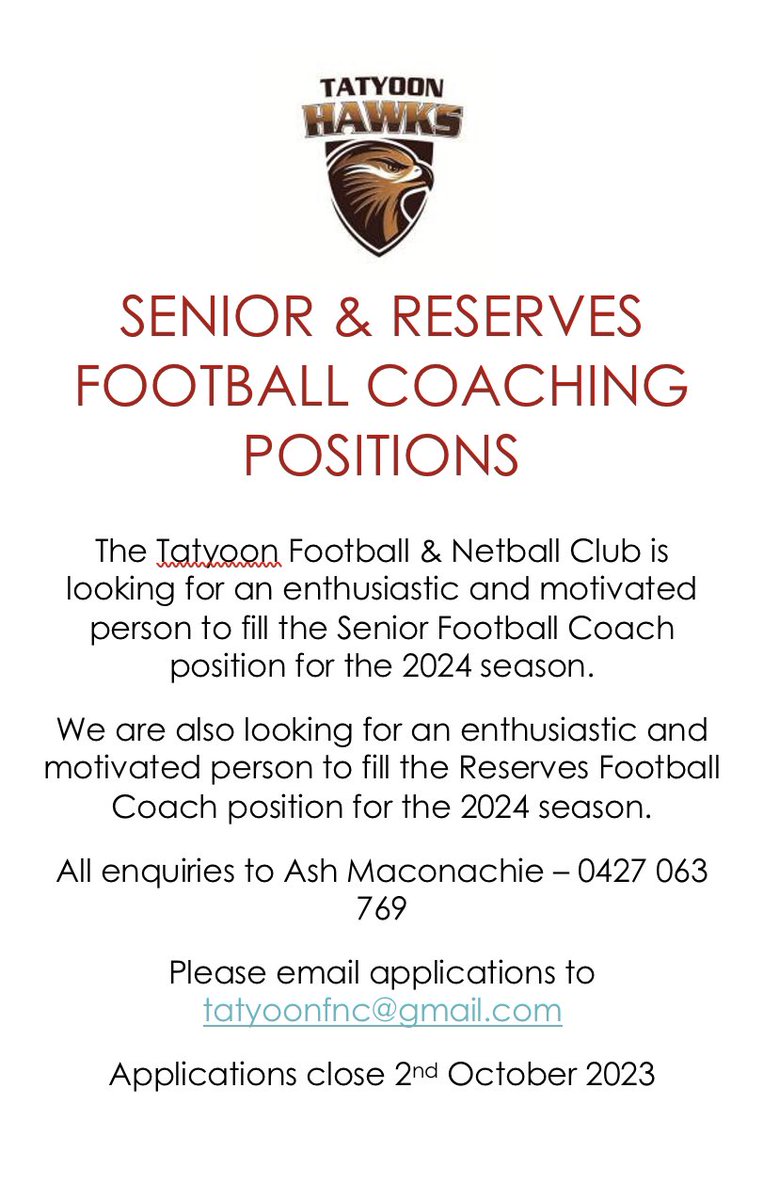 SENIOR COACHING POSITIONS OPEN FOR THE 24 SEASON