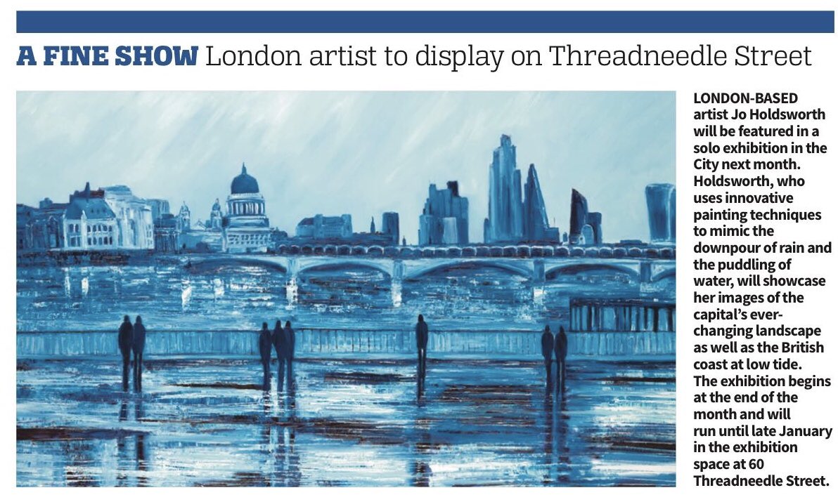 Proud to have my upcoming City of London Solo Show featured by <a href="/CityAM/">City A.M.</a> this week. The exhibition opens on 28th September at 60 Threadneedle Street in the City of London. DM for a guest list spot at the Private View on 12th October.

#art #contemporaryart #london #newwork #artist