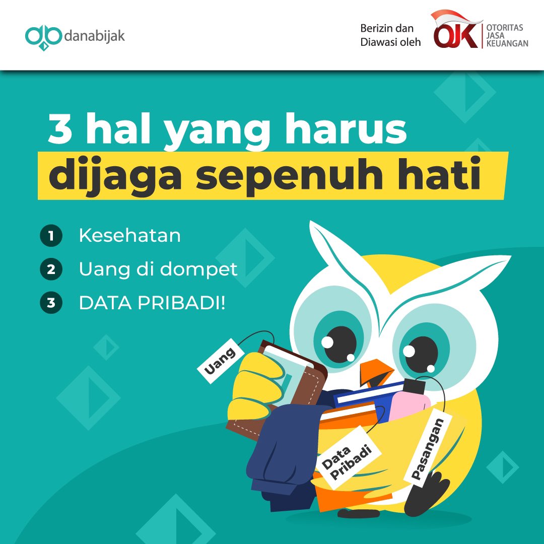 Danabijak's tweet photo. Selain pasangan, 3 hal ini harus dijaga dengan sepenuh hati! Apalagi yang nomor 3.

#danabijak #rekanbijak #keuangan #fintechlegal #fintechaman #OJK #pinjamanaman https://t.co/iughMD3ixK