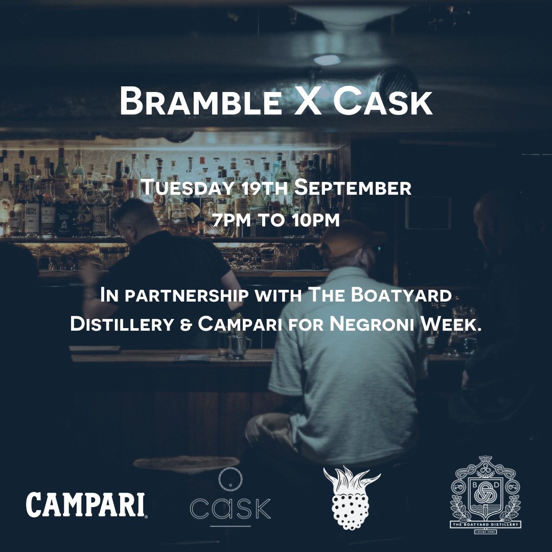 Negroni Week Takeover 2023 Next Tuesday 19th September will see @cask_cork taking over @BrambleBar from 7pm to 10pm. Tom Pinson will be behind the bar mixing some nice drinks using both Boatyard Spirits & @campari Stay tuned for more information on other events for this.