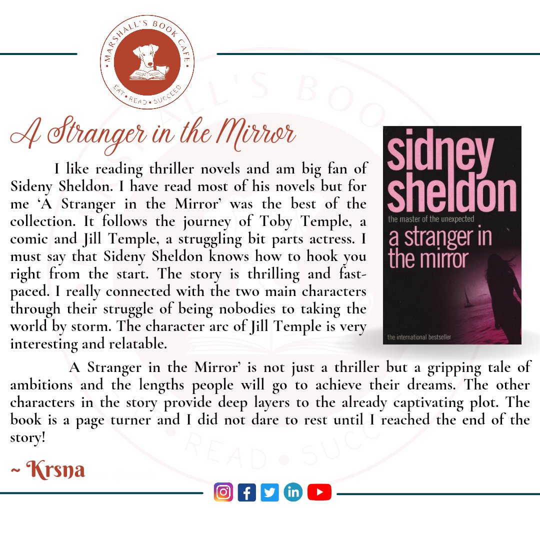 marshallsbookc1's tweet photo. Book Review: 10

Book Name: The Stranger in the Mirror 

Author: Sidney Sheldon 

Language:English

Review By: @jadhavkrsna

Please go ahead if anyone wants to write a book review regarding any book in our cafe.

We will post your review on our social media platform. https://t.co/HEBFbiT1HE