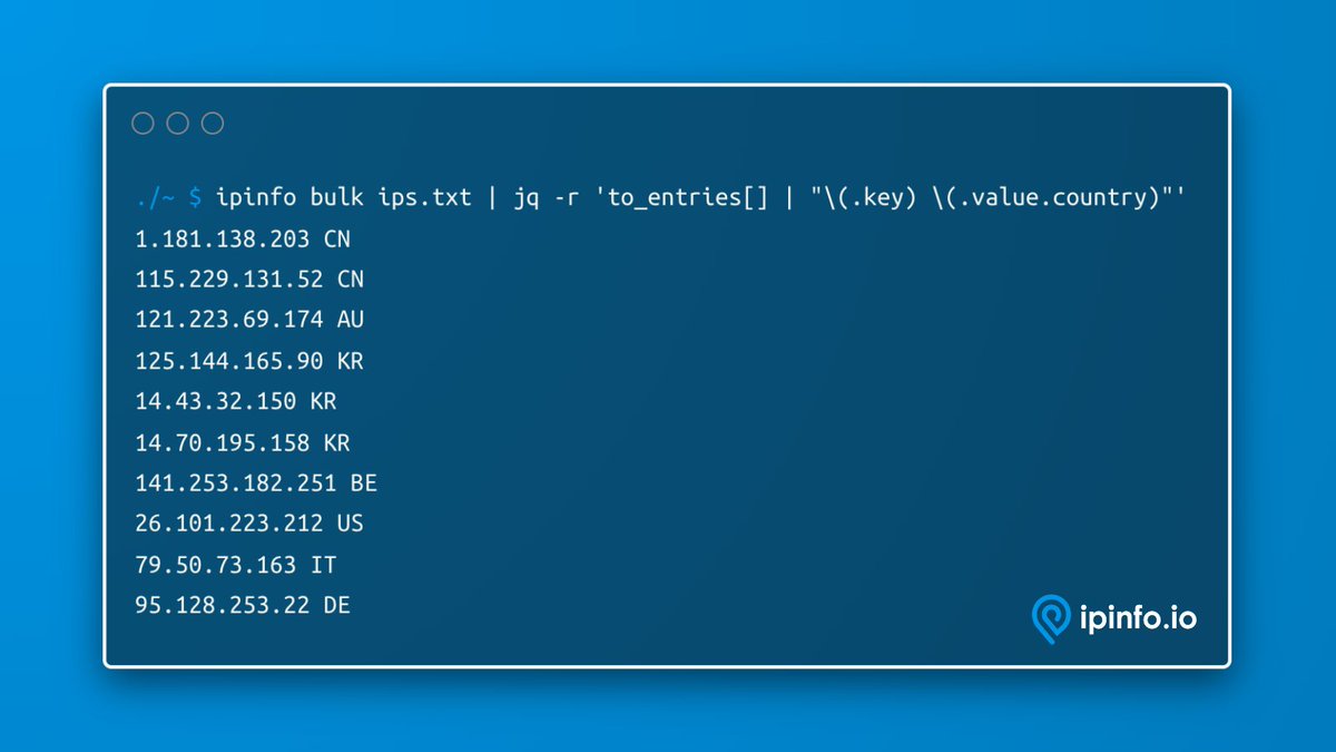 ipinfo's tweet image. How to lookup the country for each IP address in a list with bulk and jq! 👇

💡 Replace &quot;country&quot; with &quot;country_name&quot; to get the full country name.

#ipdata #ipgeolocation