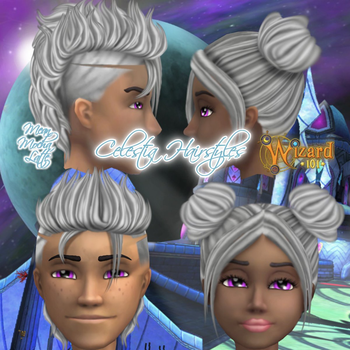 MeanMochaLatte's tweet photo. โThe Apolloโ โ๏ธ๐๐ Presenting a custom hairstyle concept to represent Celestia!๐Inspiration from cyber-goth fashion and space buns. Hope you enjoy this one! #Wizard101 #Wizard101art #Wizard101Edit https://t.co/m5RAS0WJJP