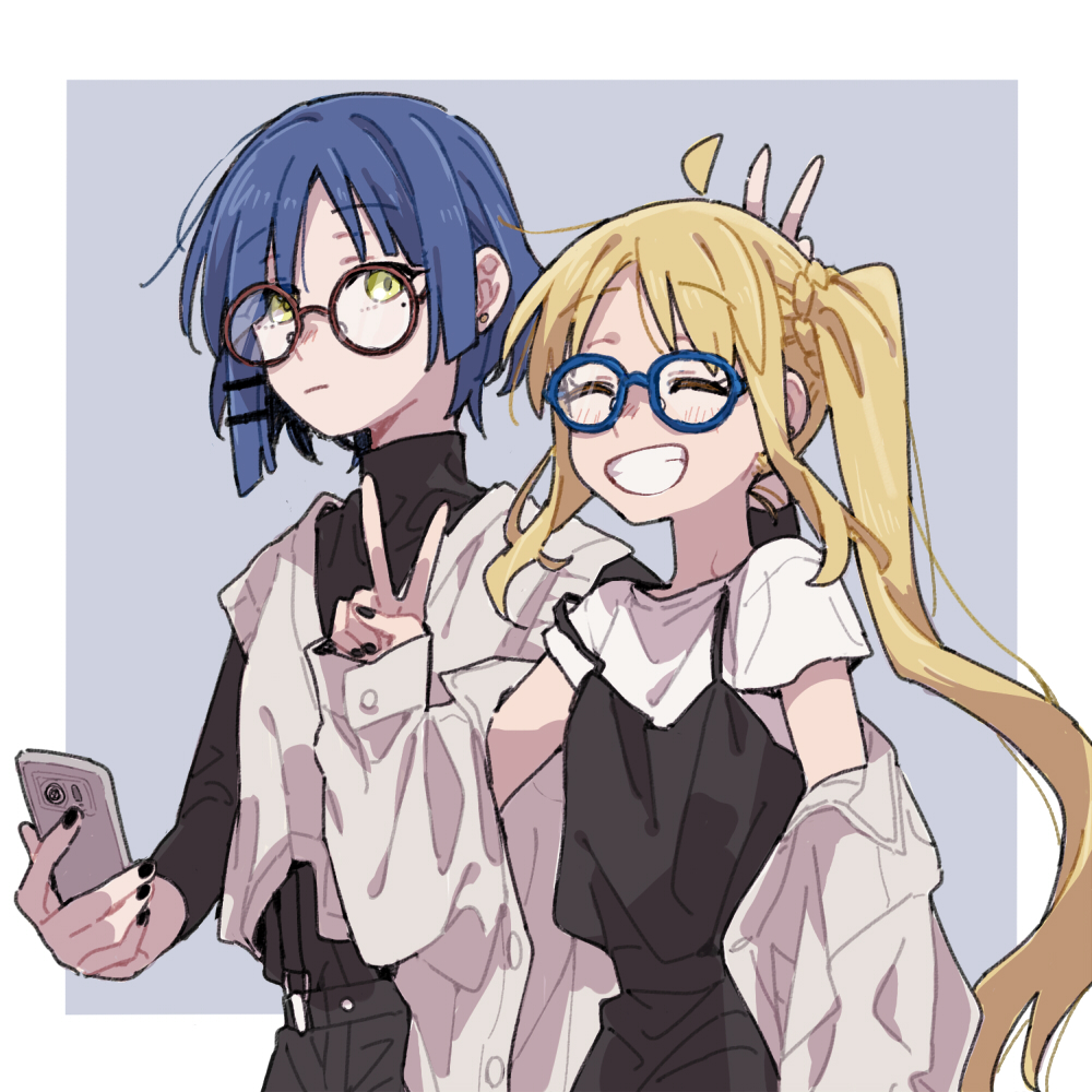 ijichi nijika multiple girls 2girls blue hair glasses blonde hair side ponytail mole under eye  illustration images