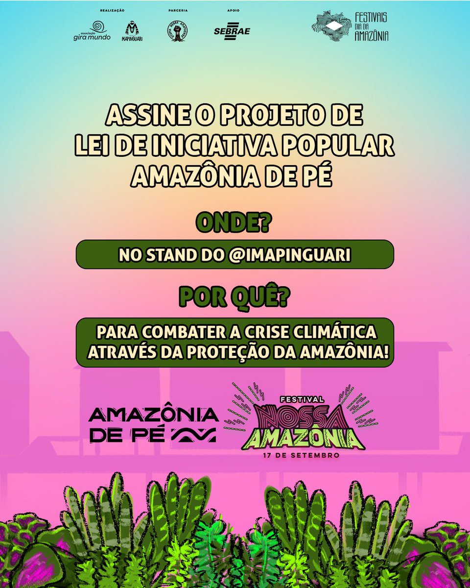 Assine o Projeto de Lei de Iniciativa Popular Amazônia de Pé 🐆🌱

Estaremos coletando assinaturas no Festival Nossa Amazônia! 

Quer enfrentar a crise climática através da proteção da Amazônia? Passa no stand do Mapinguari hoje, a partir das 16h, no Anfiteatro da Fortaleza.