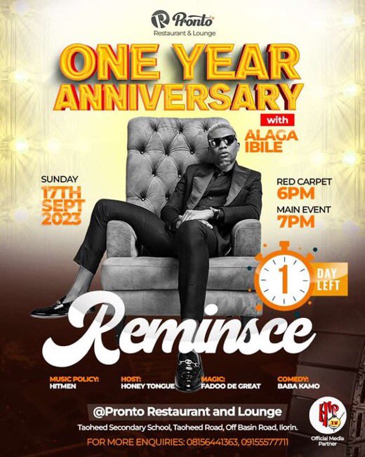 Smallmalik01's tweet photo. Today makes it one-year Pronto Restaurant and Lounge with our Guest Artiste, @IamReminisce.
Thank you for a year of delicious moments and unforgettable memories. Here's to many more years of great food and good times! π½οΈπ₯³ #ProntoAnniversary #Prontoat1 #OneYearOfFlavors https://t.co/nenidou5hs
