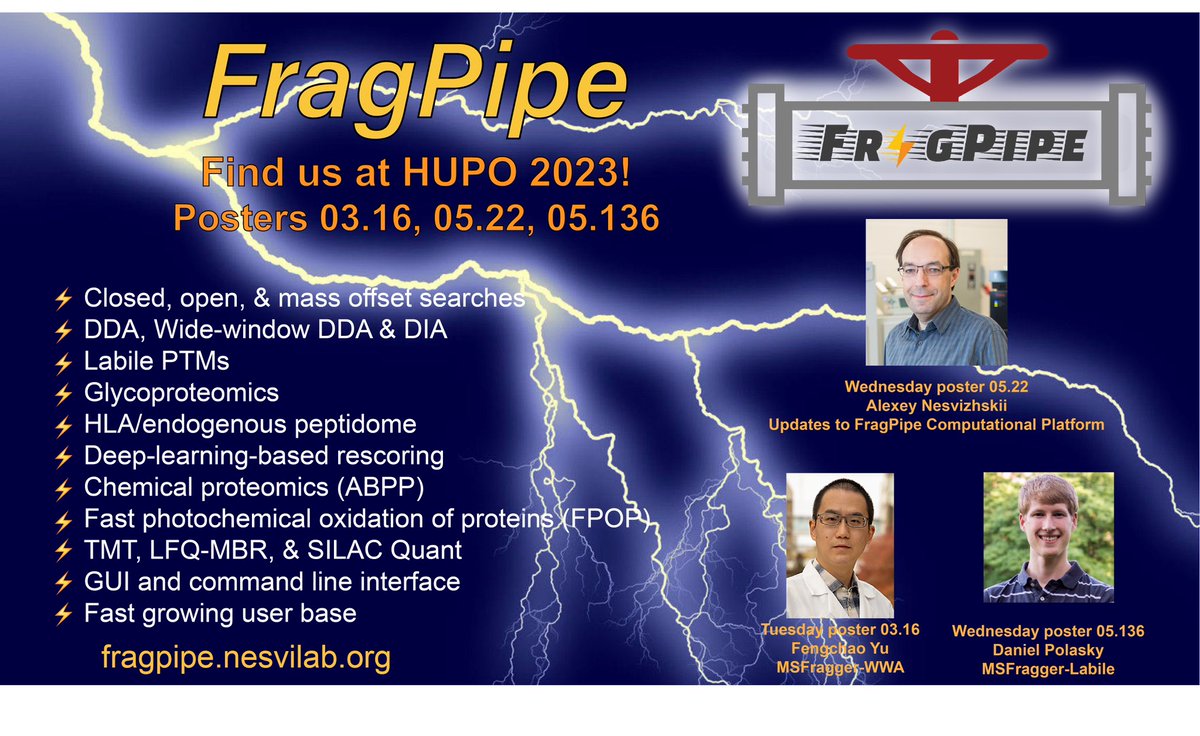 Alexey Nesvizhskii (@nesvilab) on Twitter photo Are you a #FragPipe user attending #HUPO2023 and have a question? Or just want to learn what’s new in MSFragger and other tools (DIA mode, Labile PTMs, MSBooster rescoring, wide window DDA etc). Talk to me, <a href="/fcyucn/">Fengchao Yu</a> or <a href="/DanPolasky/">Dan Polasky</a> if you see us and come to our poster presentations Are you a #FragPipe user attending #HUPO2023 and have a question? Or just want to learn what’s new in MSFragger and other tools (DIA mode, Labile PTMs, MSBooster rescoring, wide window DDA etc). Talk to me, <a href="/fcyucn/">Fengchao Yu</a> or <a href="/DanPolasky/">Dan Polasky</a> if you see us and come to our poster presentations