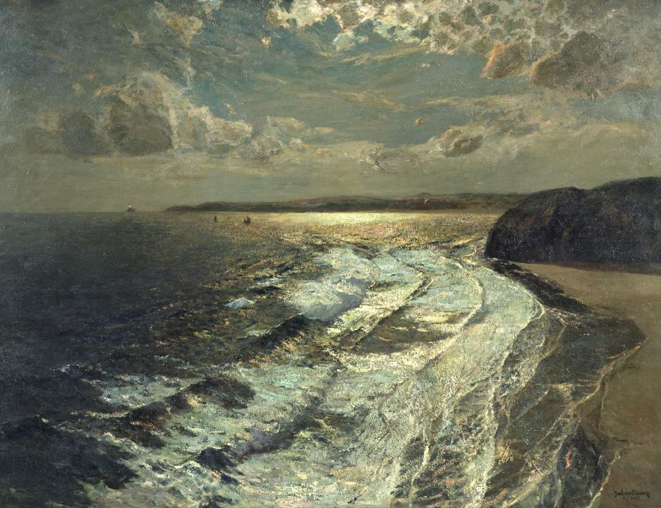 Tate's tweet photo. Julius Olsson was known for his nighttime seascapes. In 'Moonlit Shore' (1911) the light of the moon illuminates the scattered clouds. A floodlit pool is cast upon the ocean in the background, whilst in the foreground we see the moonlight catching the quietly breaking waves. 🌊 https://t.co/ZS9daW8qFJ