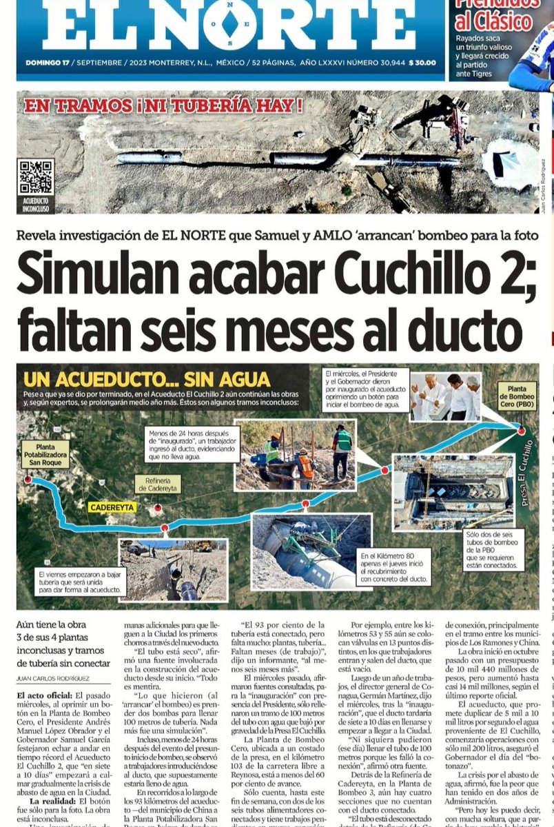 dreyesmty's tweet photo. "Todo es mentira. Es una simulación", admite un informante involucrado en la construcción del Acueducto Cuchillo 2, al  que supuestamente picaron el botoncito de arranque  @lopezobrador_ y @samuel_garcias.

Y @elnorte lo comprobó
vía @versionestweet 

👉🏾 https://t.co/uQx6Skm7so https://t.co/9NW3rTNj8s
