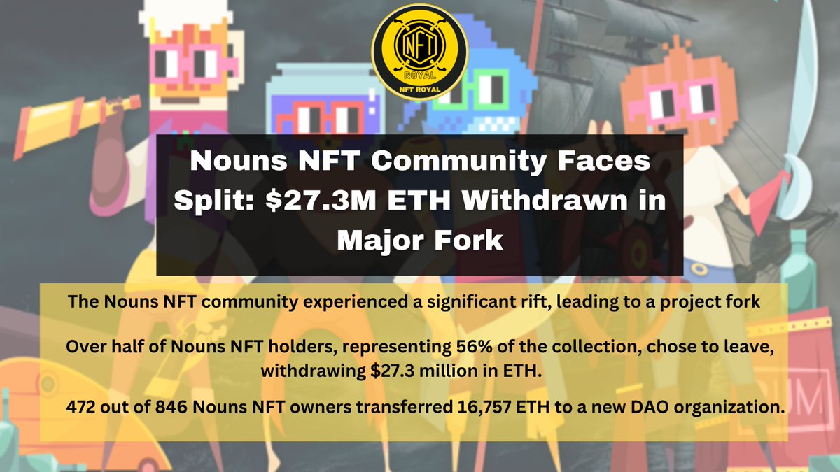 NFTRoyal19's tweet photo. 📢 Nouns NFT Community at a Crossroads! 🤯

The Nounsverse is in turmoil as a major fork looms large. 👀 Over $27.3M worth of ETH has been withdrawn by members, signaling a potential split in the community. 🚀

#NounsNFT #CryptoNews #CommunitySplit #ETH #NFTs #Blockchain https://t.co/tNckNcVcF9