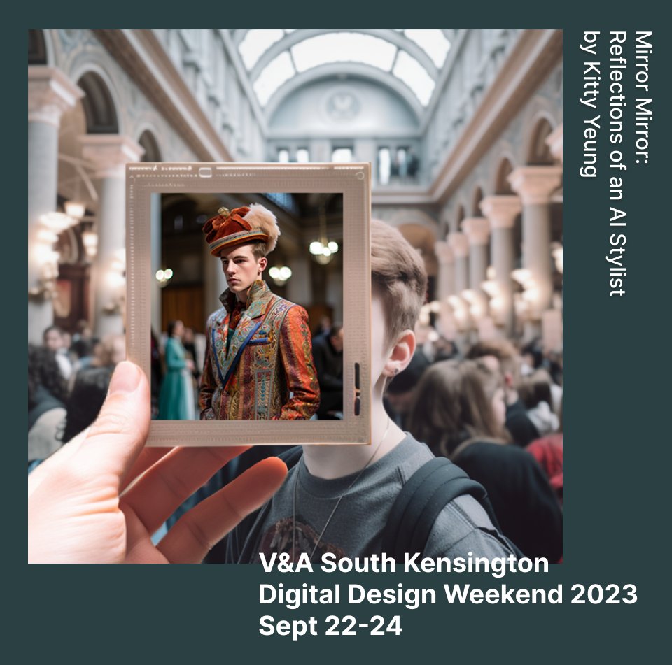 KittyArtPhysics's tweet photo. This exhibition at @V_and_A is interactive.

See yourself in the highest fashion. Everyone is a super model.

#digitalfashion #AIfashion #techfashion #AI #DDW23 #DigitalDesignWeekend 

Sept 22 preview: https://t.co/KAhLL6eXdF

Sept 23-24 full-day: https://t.co/uFiKTW6dCg https://t.co/QRfFMlgYPE