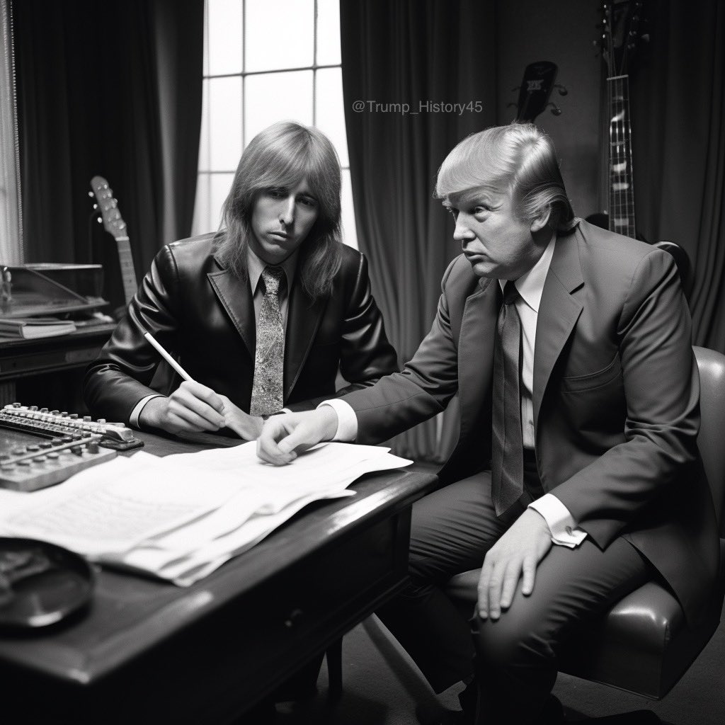 Trump_History45's tweet photo. Donald Trump and Tom Petty writing the hit song “I Won’t Back Down” - 1989 https://t.co/sIDoVUghLO