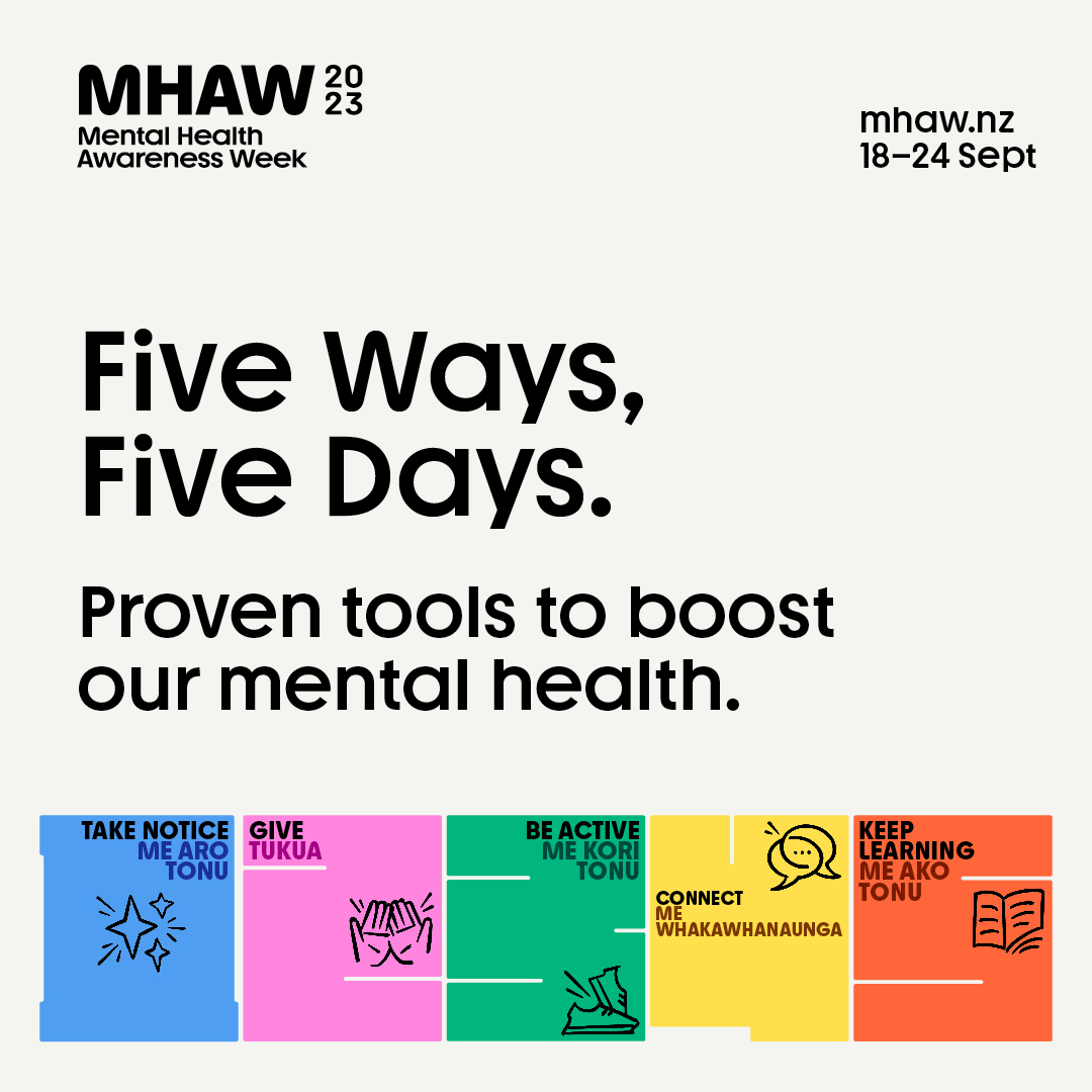 Toi Tangata (@toi_tangata) on Twitter photo Mental Health Awareness Week kicks off today.
This year, MHAW is focusing on ‘five ways to well-being’, bringing us five ways for five days - a set of tools that have been proven to boost our mental health when we need it.
Mauri tū, mauri ora!
<a href="/mentalhealthnz/">Mental Health Foundation of New Zealand</a> Mental Health Awareness Week kicks off today.
This year, MHAW is focusing on ‘five ways to well-being’, bringing us five ways for five days - a set of tools that have been proven to boost our mental health when we need it.
Mauri tū, mauri ora!
<a href="/mentalhealthnz/">Mental Health Foundation of New Zealand</a>