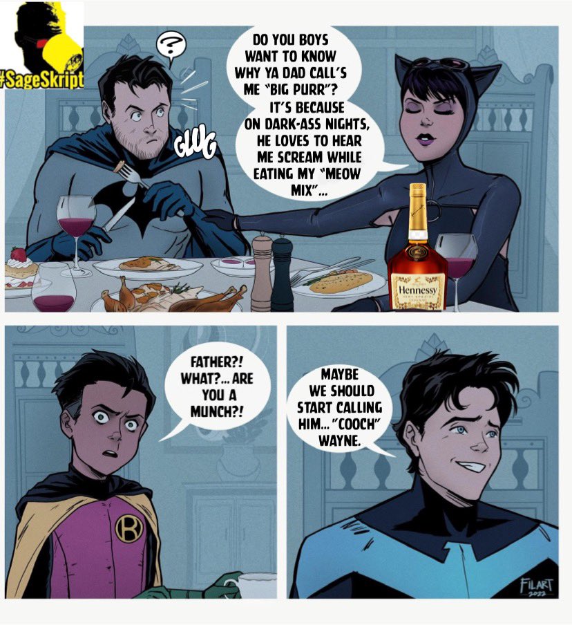 Sageskript's tweet photo. Meanwhile…At Wayne Manor…

“Cooch Wayne” 

Art by Filart(2023)

#Sageskript
#Parody
#Bigpurr
#Coochwayne
#dccomics
#Robin
#Nightwing
#Battanglement
#Alfredtaughthim https://t.co/C0JLxEKnYu