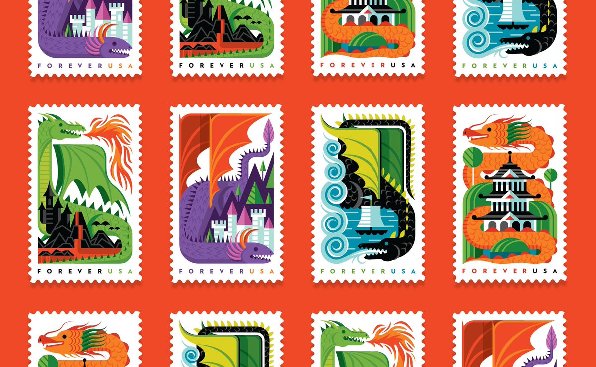 grgrgndjn's tweet photo. help, i’m beyond obsessed with these dragon stamps that the postal service released in 2018. you guys don’t even understand https://t.co/E7Y3seTBbH