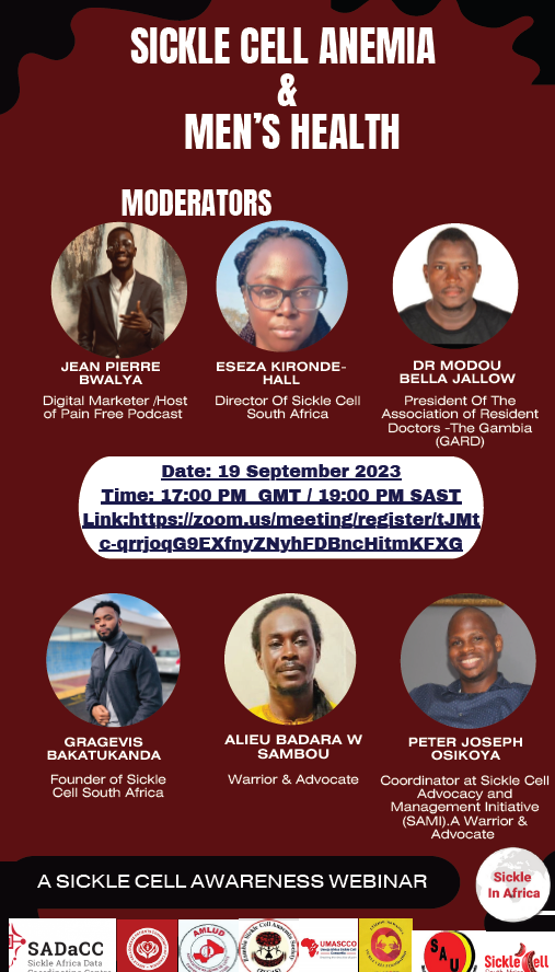SickleInAfrica's tweet photo. #SickleCellAwarenessMonth Please join patient support groups across Africa for a webinar on sickle cell anemia and men's health.  Date: 19 September.  Speakers are from: The Gambia, South Africa, Zambia, Nigeria, DRC &amp; Cameroon. Register: https://t.co/ZIMHaWQ5C0. #sicklecell https://t.co/BI05kJ0XQG