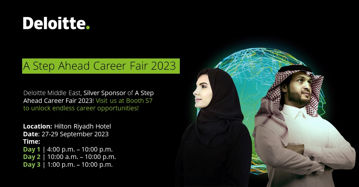 DeloitteME's tweet photo. Deloitte Middle East is joining as a Silver Sponsor at the @AStepAhead_KSA Career Fair on 27-29 September 2023. Visit our booth to learn how you can choose your impact: https://t.co/B0rCtzcdNC
#ChooseYourImpact #DeloitteKSA #CareersAtDeloitte https://t.co/Tmw6nzeKr2