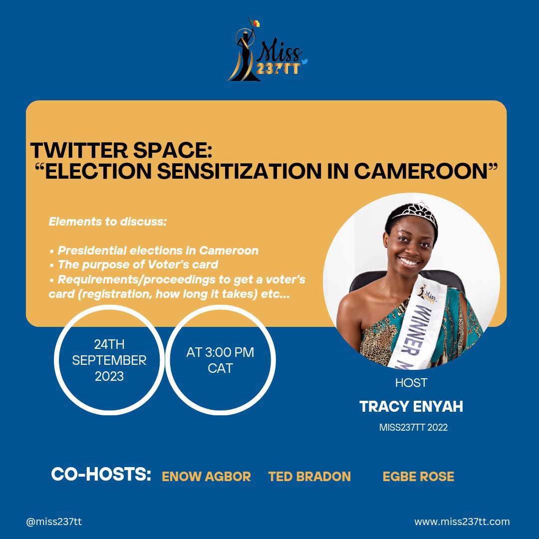 Take the rendezvous with @miss237tt on this important topic.
The facts:
-youths are the majority population
-the ballot is the most legitimate means of power/change.
Thus, when the youths engage in this process, change will no longer be a myth.
We've the power to cause change!
🇨🇲