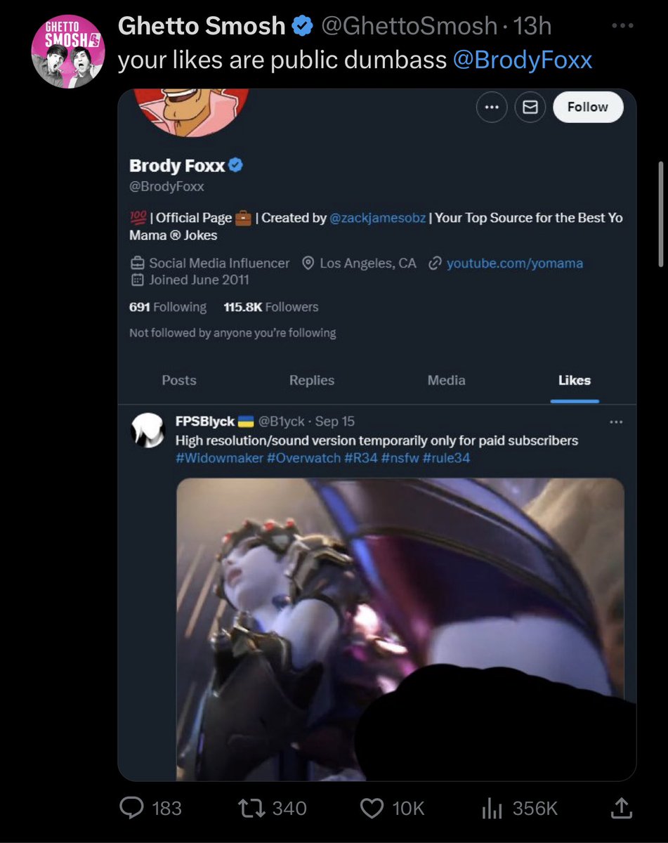 BrodyFoxx's tweet photo. This gimmick account couldn’t handle a joke made by the Yo Mama guy. 

So, they started photoshopping images to bait me for engagement. Along with DMing me, and posting and deleting several tweets. 

There’s a difference between jokes vs having a complete meltdown over a cartoon character.