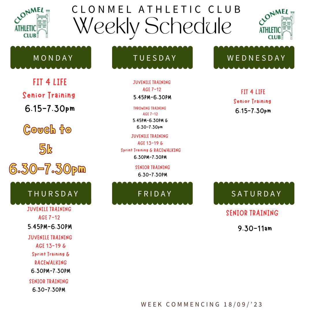 Thus week's schedule at Clonmel AC- see you at the TÚS Sports Hub.  All members and potential members welcome.