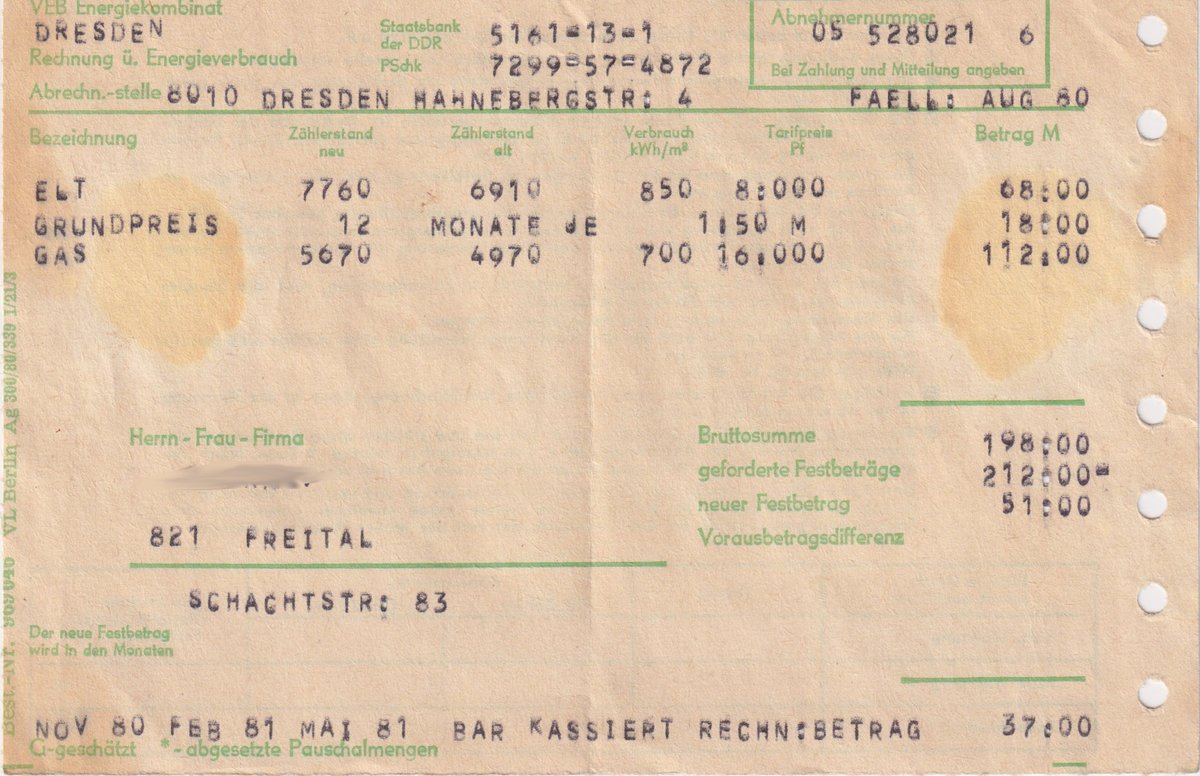 Nebenkostenabrechnung 1980: Eine Kilowattstunde kostet 8 Pfennig Aluchips. Heute sind das 2 Cent. Alles Braunkohle und KKW Greifswald. Wieviel kostet heute eine Kilowattstunde?  Ein Ingenieur verdiente damals 1200 Mark. Wieviel verdient heute ein Ingenieur? #Energiewende #kkw