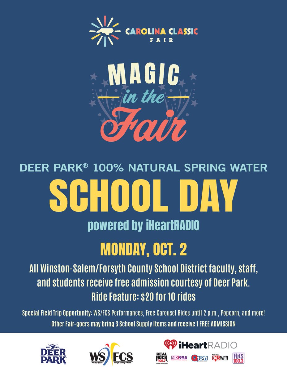WS/FC Schools (@wsfcs) on Twitter photo 🎡 In 2 weeks, on Monday, Oct. 2, <a href="/cclassicfair/">Carolina Classic Fair</a> will host <a href="/DeerParkWtr/">Deer Park®</a> School Day. #WSFCS students & staff receive free admission. Any one who brings 3 school supplies also gets free admission.#WSFCS performances, info tables & more. Magic in the fair: carolinaclassicfair.com 🎡 In 2 weeks, on Monday, Oct. 2, <a href="/cclassicfair/">Carolina Classic Fair</a> will host <a href="/DeerParkWtr/">Deer Park®</a> School Day. #WSFCS students & staff receive free admission. Any one who brings 3 school supplies also gets free admission.#WSFCS performances, info tables & more. Magic in the fair: carolinaclassicfair.com