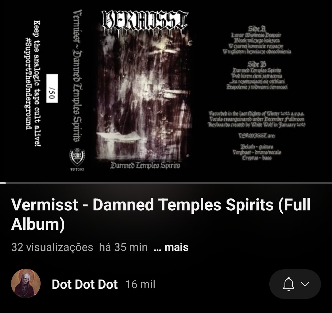Thank you #DotDotDot a lot for the share & #Stream the album

#Vermisst Damned Temple Spirits

youtu.be/qOFuu1dE2sc?si…

buy
👇🏻 
warproductions.bandcamp.com

#WarProductions
#SupportTheUnderground
#OurRelease
#BlackMetal
#BlackMetalTapes
#TapeKvlt
#TapeFormat
#MusicCassette
#Vermisst