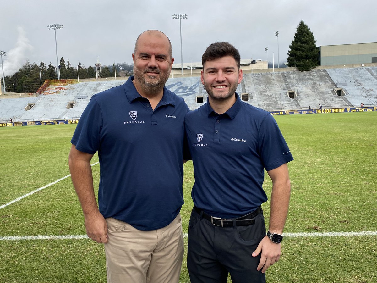 CalMSoc's tweet photo. If you can’t get to today’s game, you can watch it on the @Pac12Network, with broadcasters Jason Ross (left) &amp; @CalMSoc alum Fernando Andrade (right) on the call! https://t.co/gThhclU6mq
