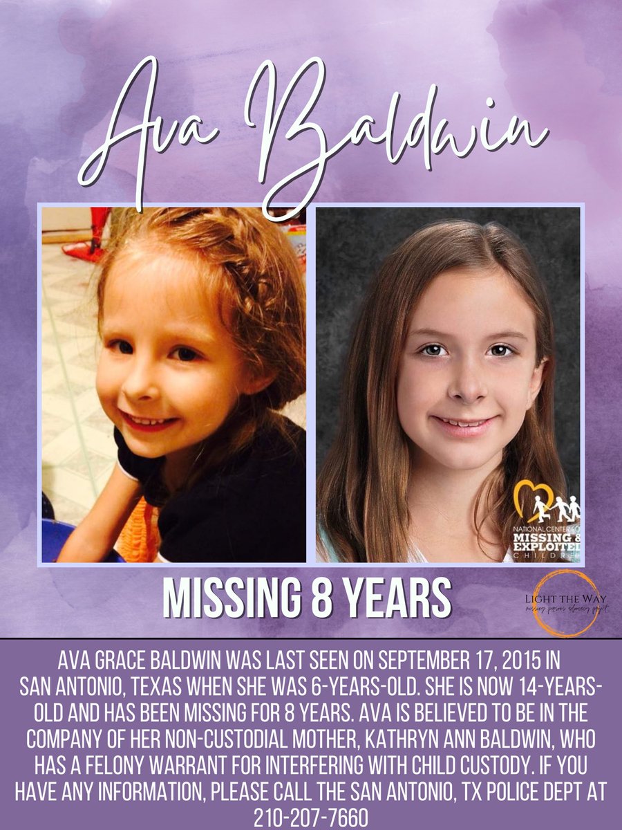 8 years ago today #AvaGraceBaldwin was last seen in San Antonio, TX before being a victim of parental abduction. She’s believed to be in the company of her noncustodial mother, #KathrynBaldwin. Kathryn has a felony warrant for interfering with child custody. Ava would now be 14YO